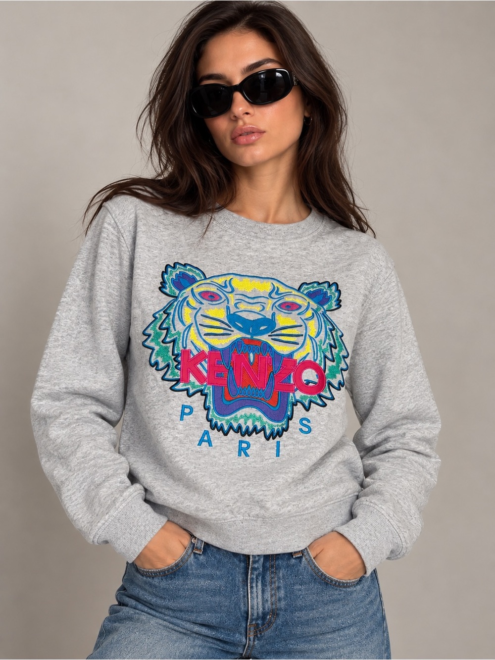 KENZO Paris Grey Tiger Embroidered Sweatshirt – XS